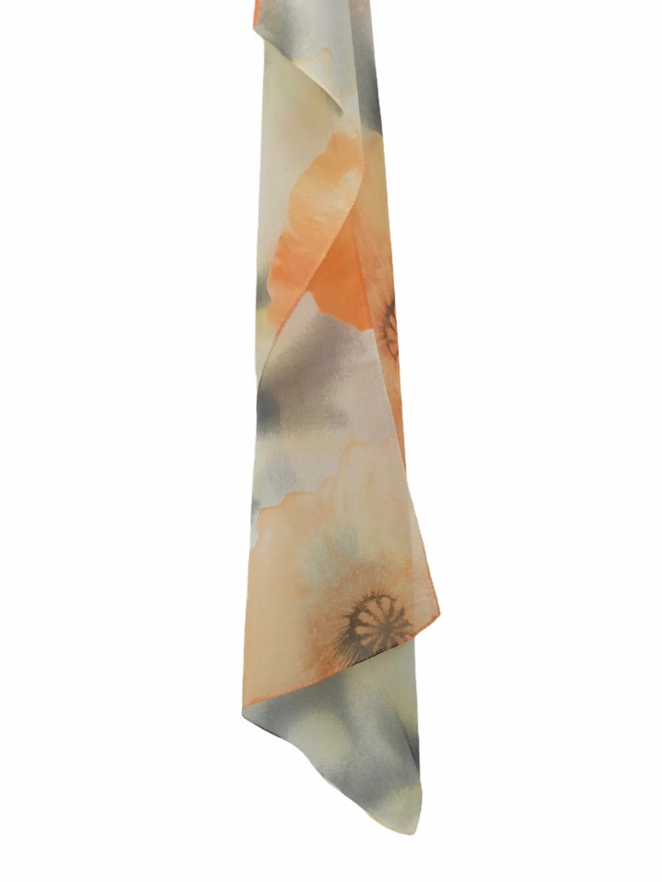 Vintage 80s Poppy Floral Abstract Orange & Grey Sheer Chiffon Wide Long Neck Tie Scarf