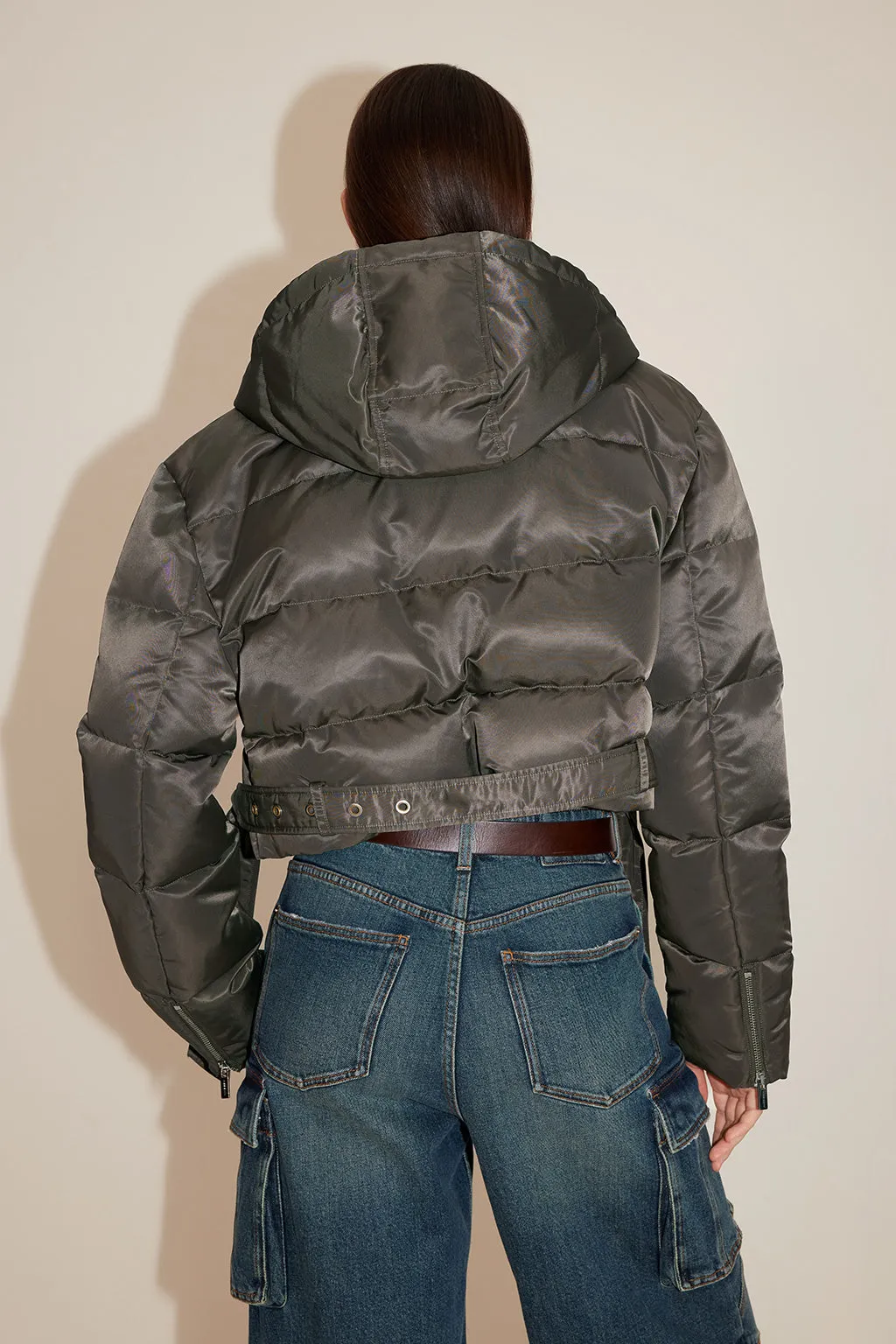 Vintage Cargo Style Hooded Cropped Down Jacket