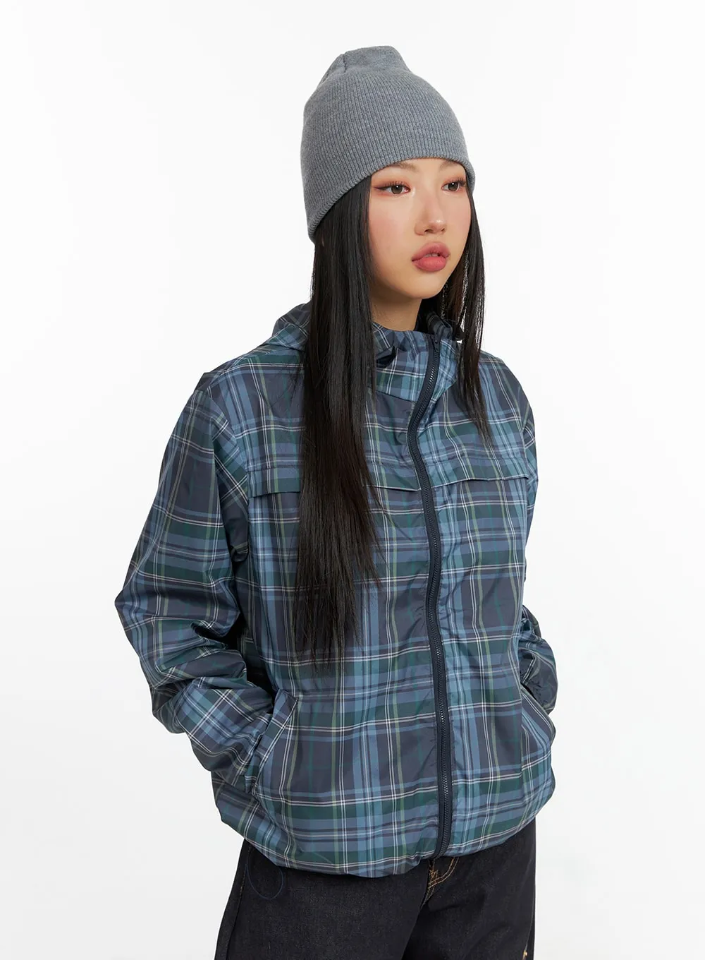 Vintage Checkered Zip-Up Hoodie Jacket CF408