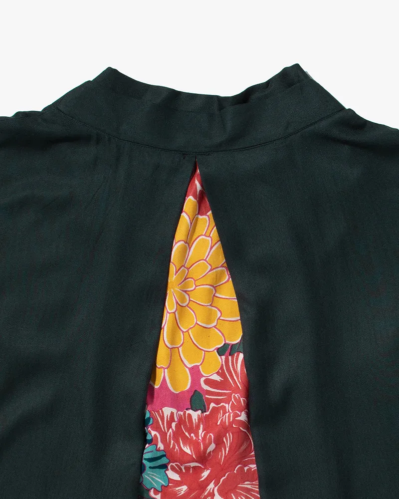 Wa-Modern Layered Tunic, Forest Green with Multi Color Chrysanthemum