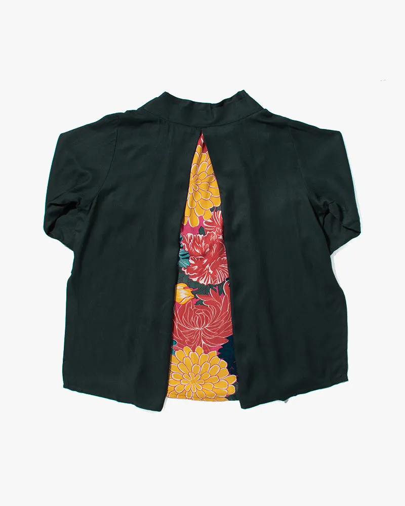 Wa-Modern Layered Tunic, Forest Green with Multi Color Chrysanthemum