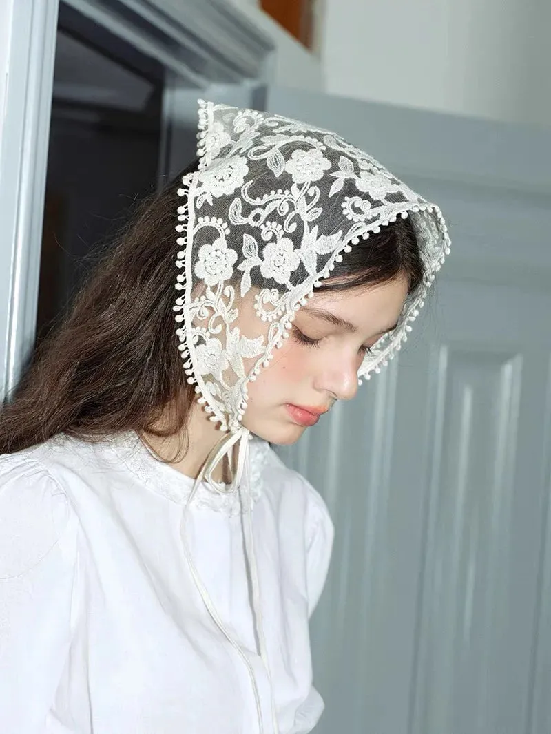 Wenkouban White Woven Floral Lace Hair Scarf Wraps Women Retro Triangle Headscarf Hat Travel Photo Headband Hair Accessories