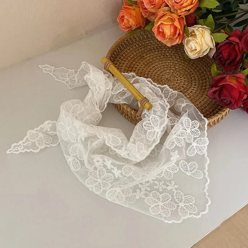 Wenkouban White Woven Floral Lace Hair Scarf Wraps Women Retro Triangle Headscarf Hat Travel Photo Headband Hair Accessories