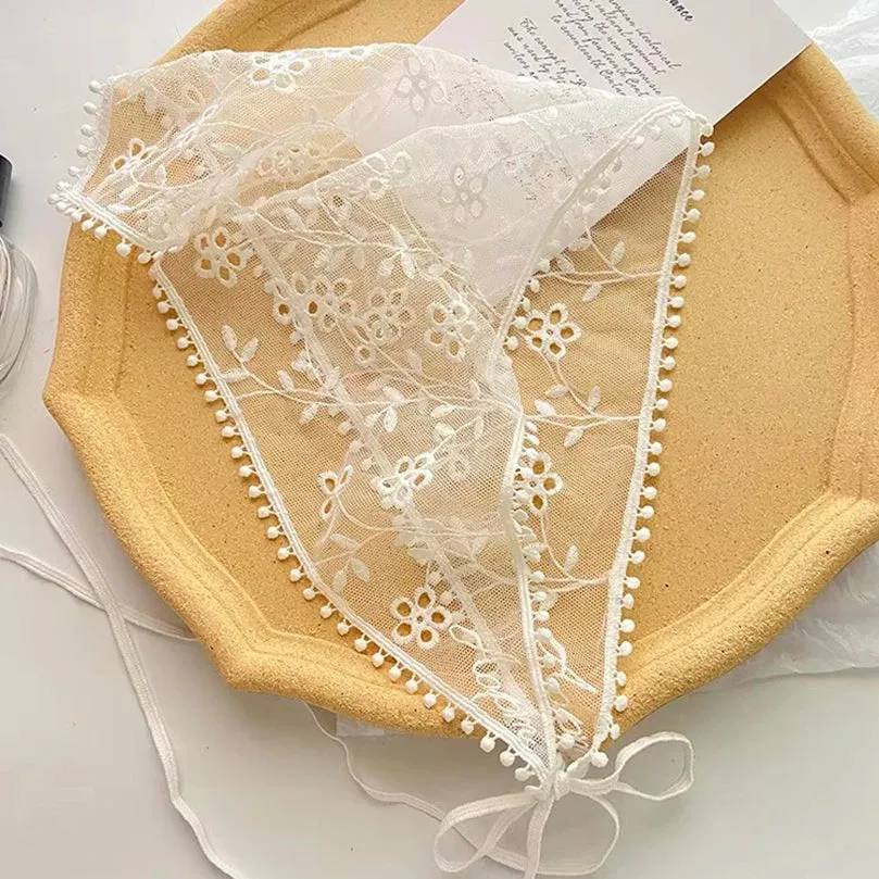 Wenkouban White Woven Floral Lace Hair Scarf Wraps Women Retro Triangle Headscarf Hat Travel Photo Headband Hair Accessories