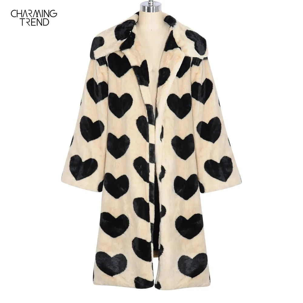 Wenkouban Winter Women Warm Faux Fur Coat Love Pattern Women Long Coat Turn Down Collar Women Warm Plush Coat Classic Coat Loose