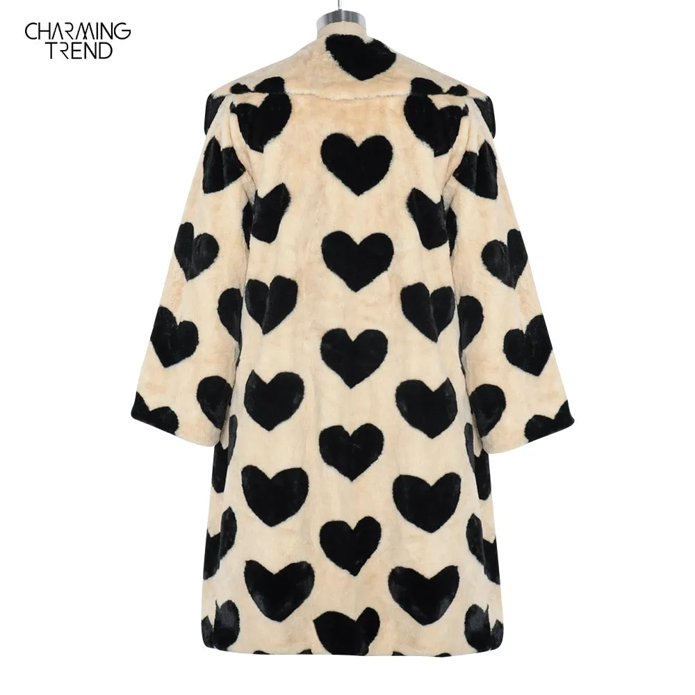 Wenkouban Winter Women Warm Faux Fur Coat Love Pattern Women Long Coat Turn Down Collar Women Warm Plush Coat Classic Coat Loose