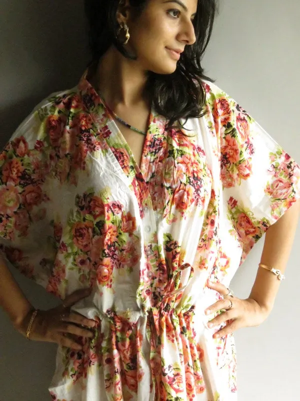 White Floral Posy V-Neck Button Down to Waist, Ankle Length, Cinched Waist Caftan-C7 fabric Code