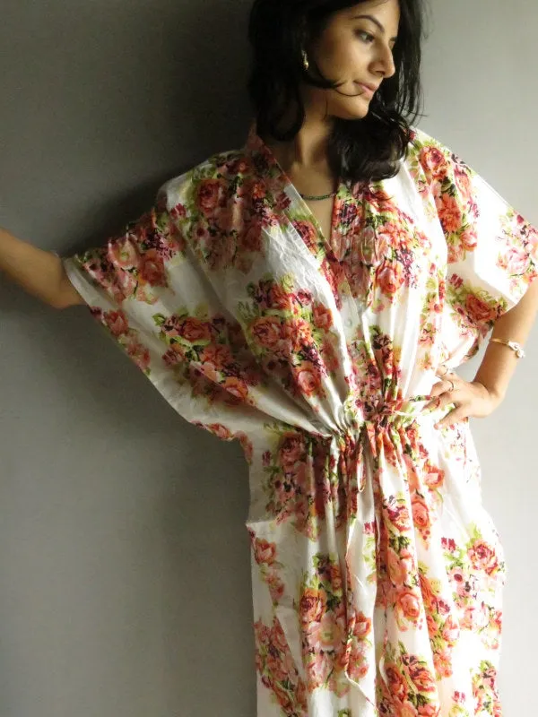 White Floral Posy V-Neck Button Down to Waist, Ankle Length, Cinched Waist Caftan-C7 fabric Code