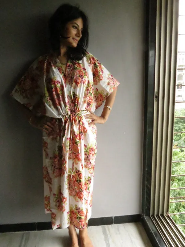 White Floral Posy V-Neck Button Down to Waist, Ankle Length, Cinched Waist Caftan-C7 fabric Code