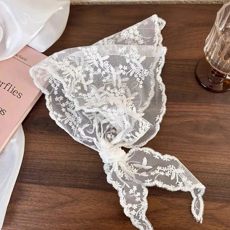 White Woven Floral Lace Hair Scarf Wraps Women Retro Triangle Headscarf Hat Travel Photo Headband Hair Accessories