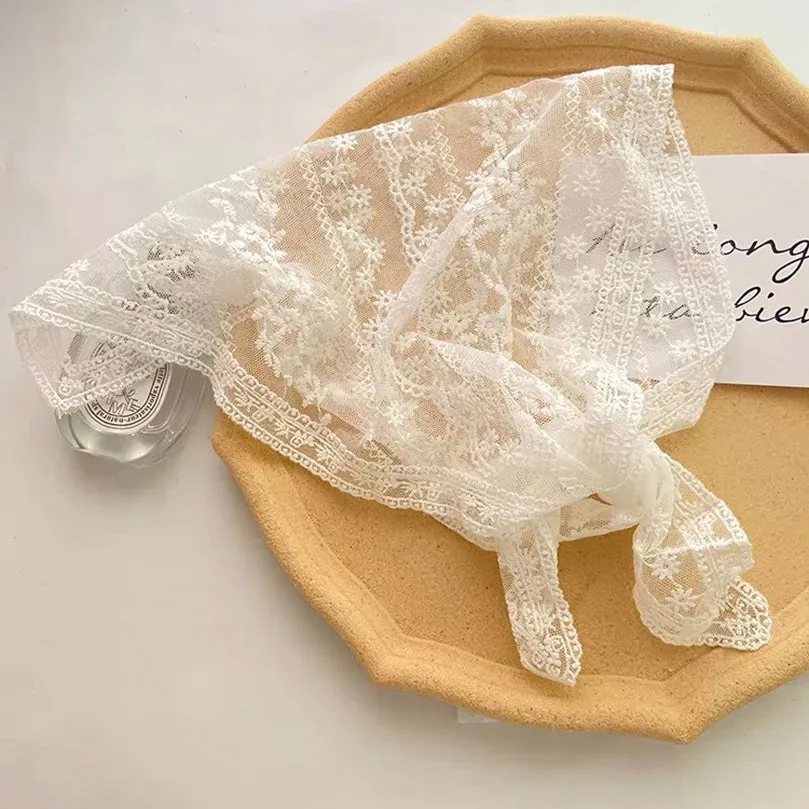 White Woven Floral Lace Hair Scarf Wraps Women Retro Triangle Headscarf Hat Travel Photo Headband Hair Accessories