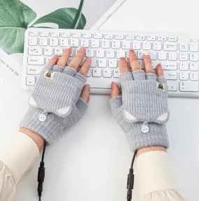 Winter Office USB Heating Warm Half Finger with Cover Gloves Heated Pad, Size: Free Size(Gray)