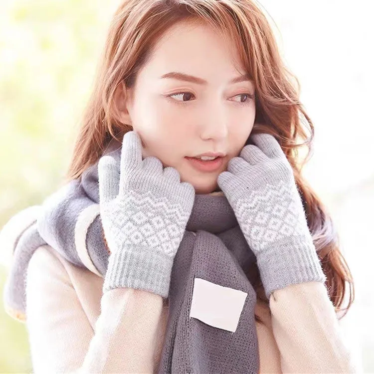 Winter Touch Screen Gloves Women Men Warm Stretch Knit Mittens Imitation Wool Thicken Full Finger Gloves(A-Black)