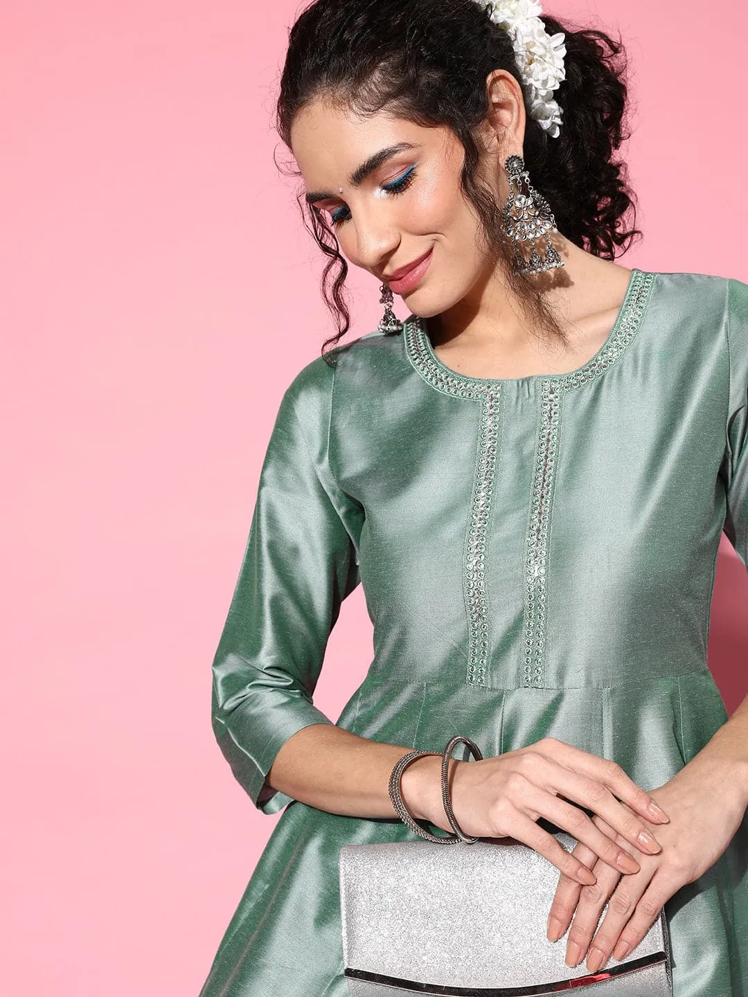 Women Green Mirror Embroidered Anarkali Kurta With Pants