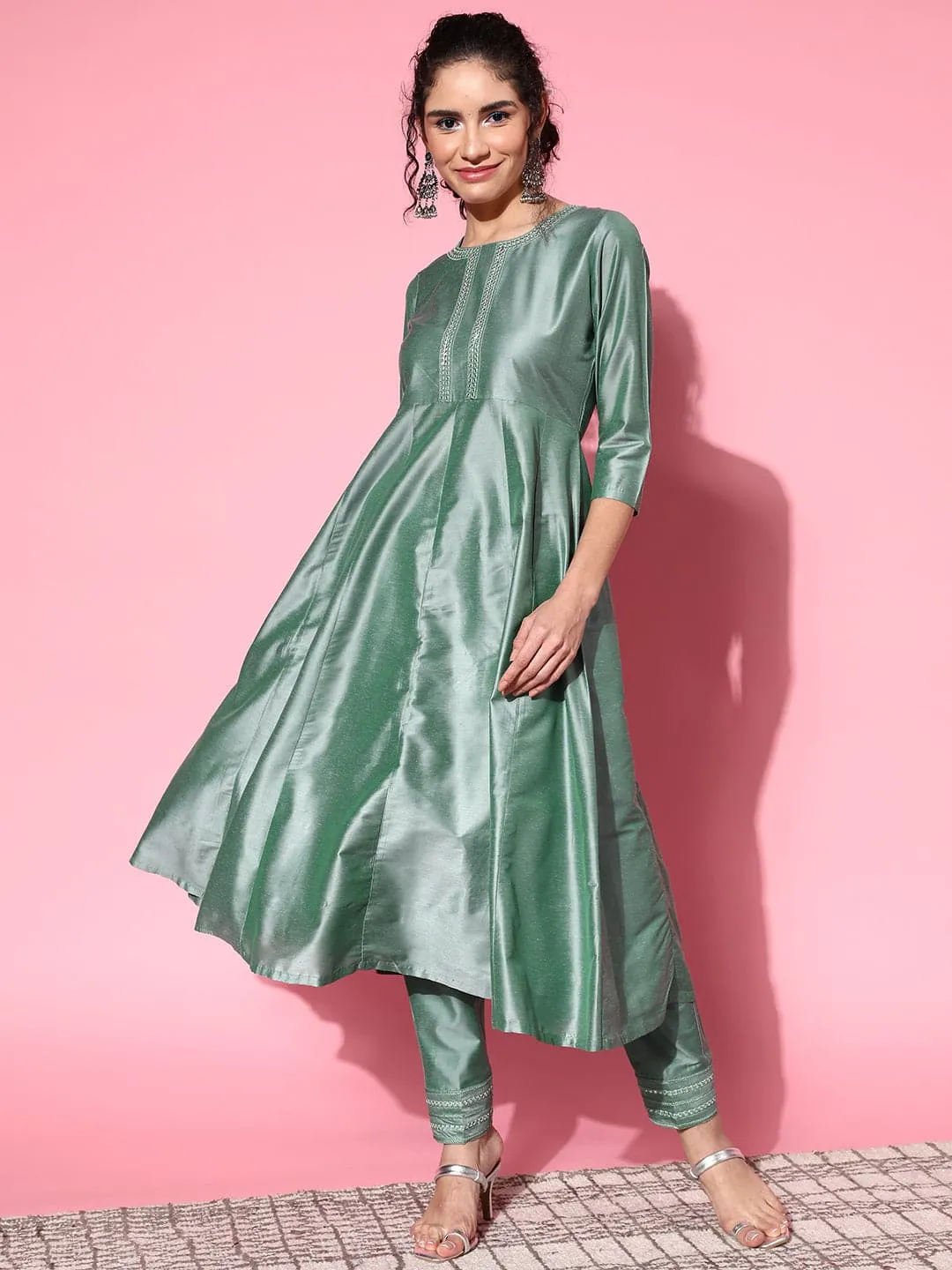 Women Green Mirror Embroidered Anarkali Kurta With Pants