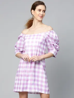 Women Lavender Check & White Puff Sleeve Shift Dress