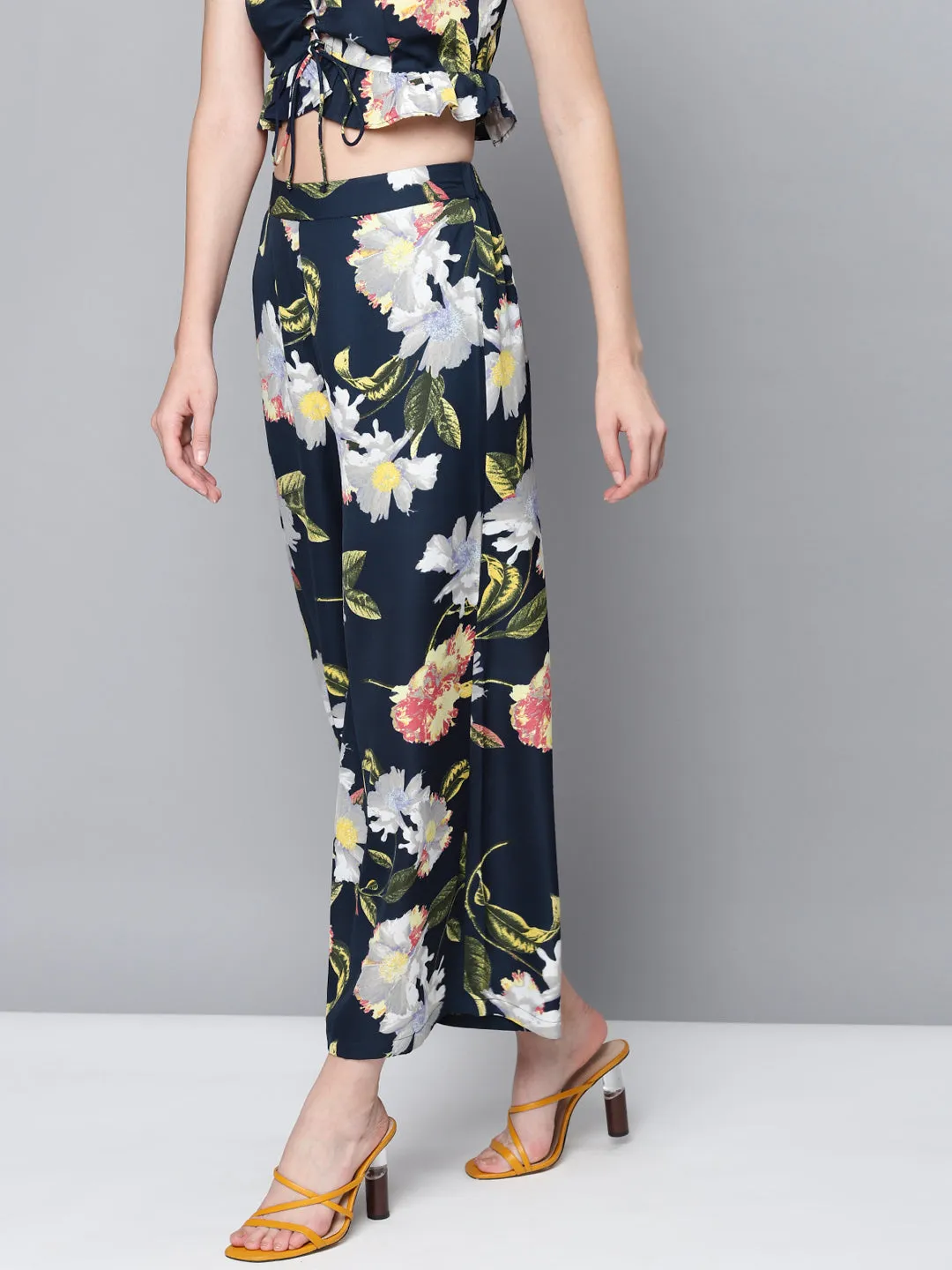 Women Navy Floral A-Line Pants