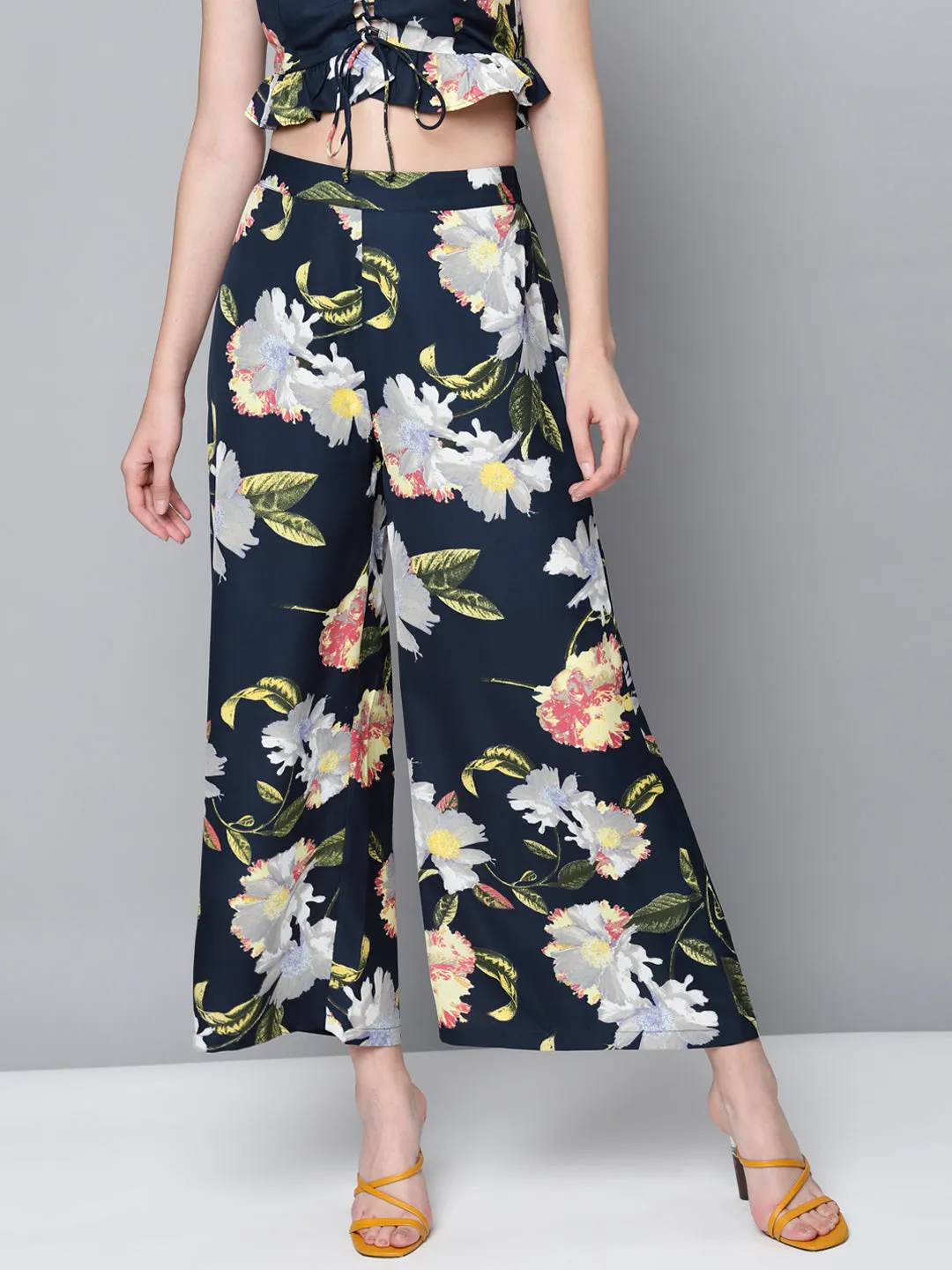 Women Navy Floral A-Line Pants