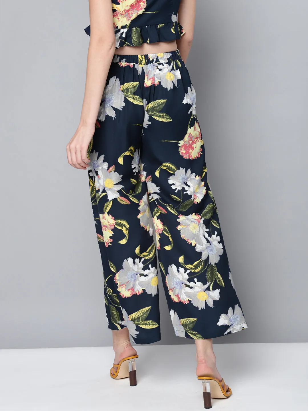 Women Navy Floral A-Line Pants