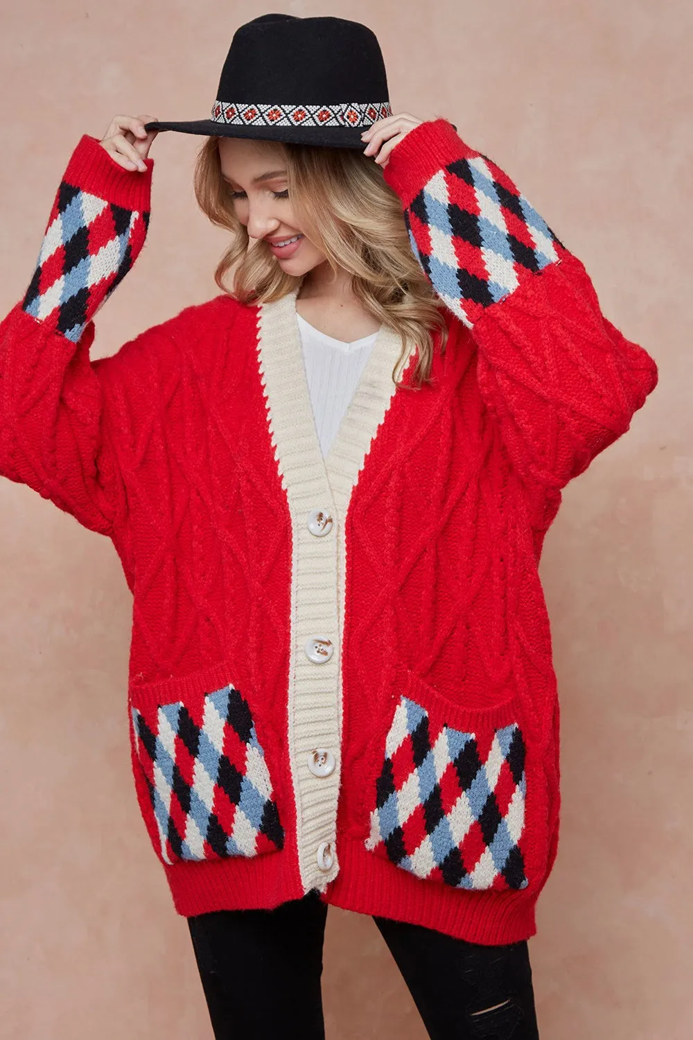 Women Oversized Cable Knit with Argyle Pattern Sweater cardigan