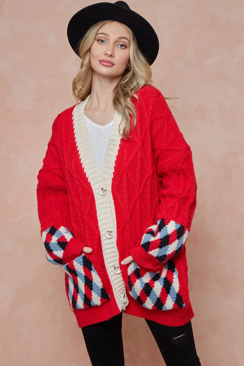 Women Oversized Cable Knit with Argyle Pattern Sweater cardigan