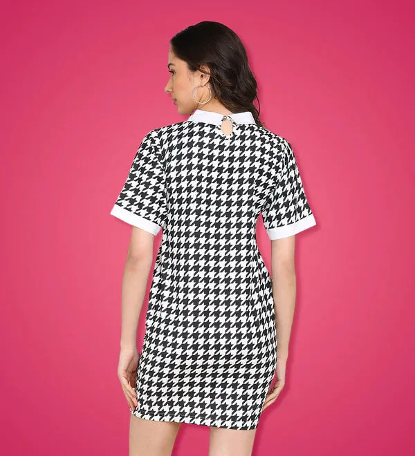 Women's Houndstooth Print Contrast Collar Short Sleeve Bodycon Mini Dress