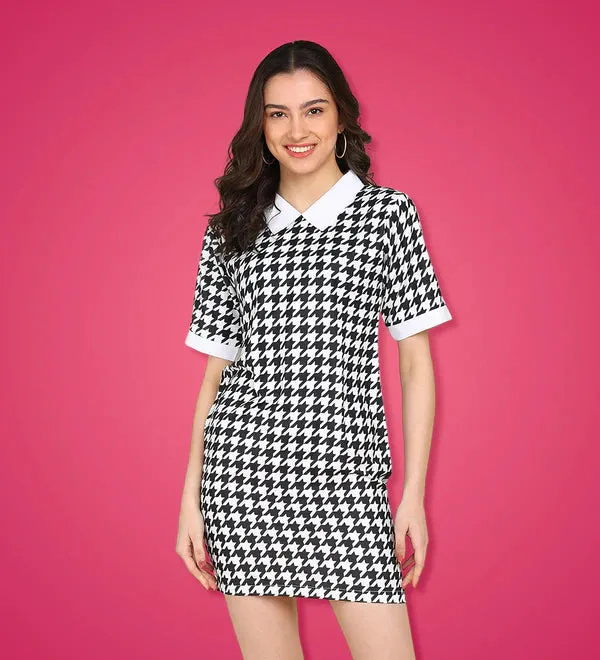 Women's Houndstooth Print Contrast Collar Short Sleeve Bodycon Mini Dress