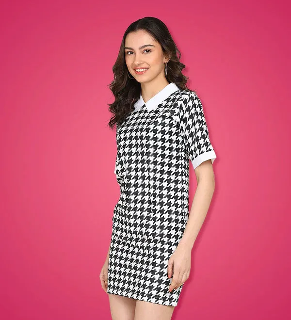 Women's Houndstooth Print Contrast Collar Short Sleeve Bodycon Mini Dress