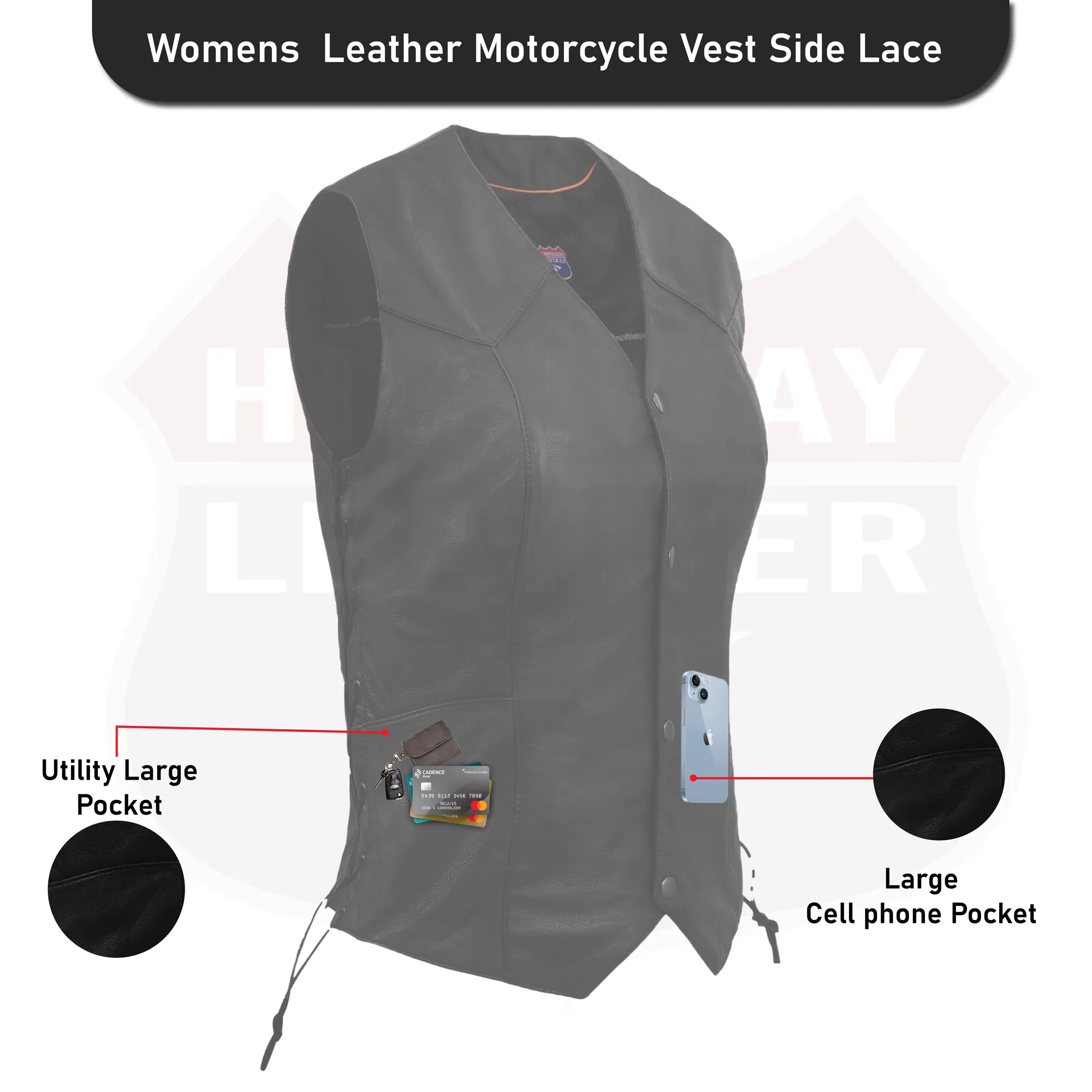 Women's Side-Lace Leather Vest - The Classic 14501Black