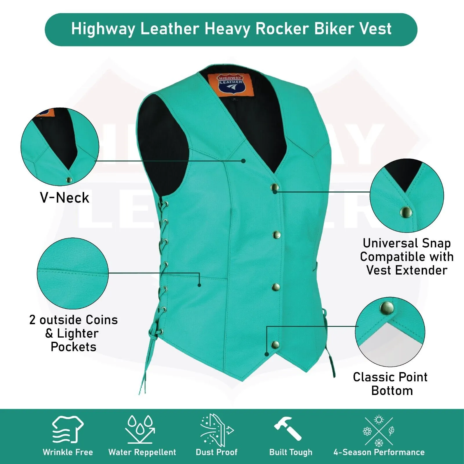 Women's Teal color side laced Leather Vest with Gun pockets for clubs