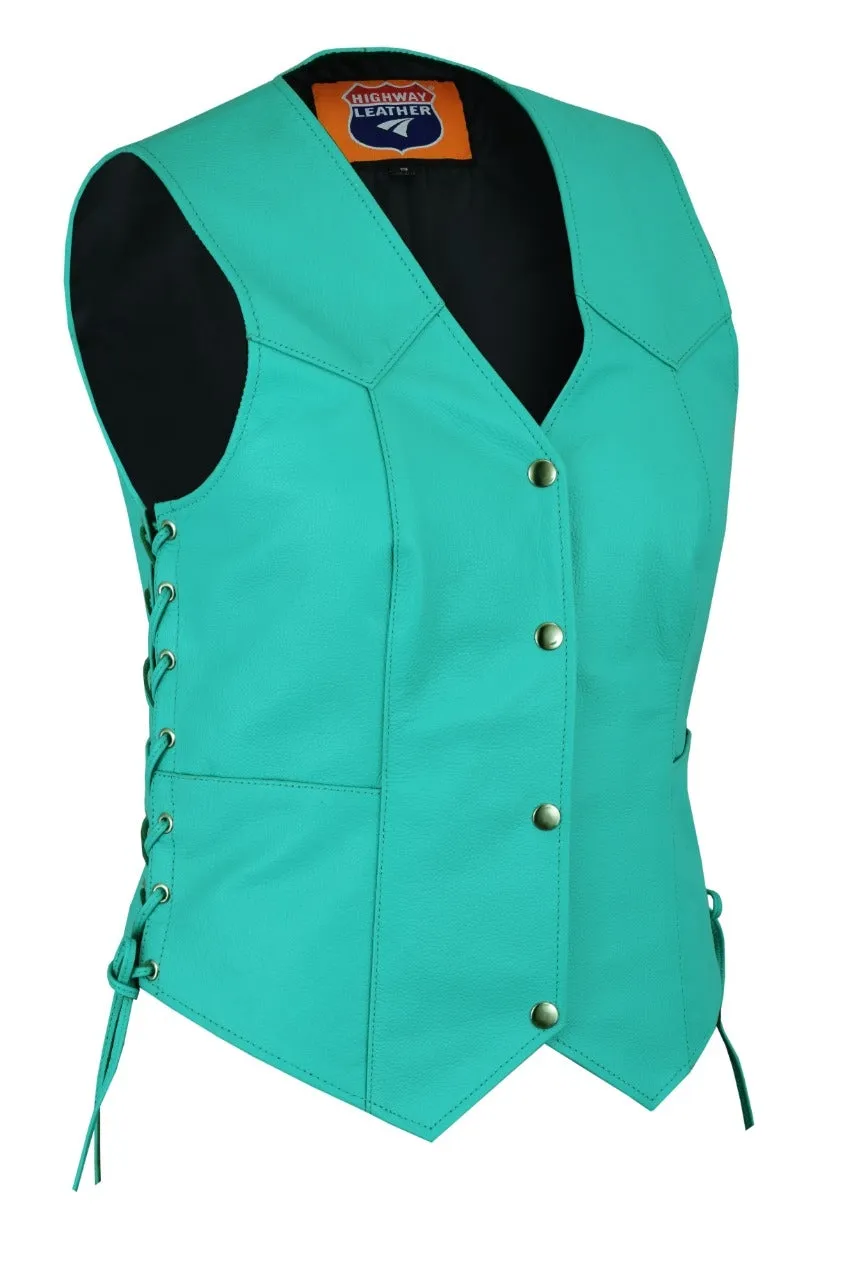 Women's Teal color side laced Leather Vest with Gun pockets for clubs