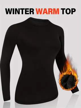 Women's Thermal Underwear - Solid Plush Lined, Long Sleeve, Mock Neck, Slim Fit, for Fall and Winter Seasons