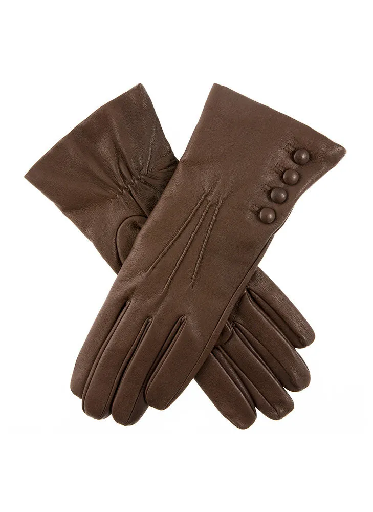 Women’s Touchscreen Three-Point Cashmere-Lined Leather Gloves with Buttons