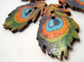 Wooden Buttons Set of 5: Printed Wooden Peacock Buttons ~ Large Flat Peacock Wooden Buttons 1 3/8" Long 7/8" Wide