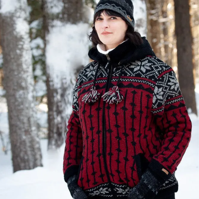 Wool Jacket Lined - Maroon Snowflake