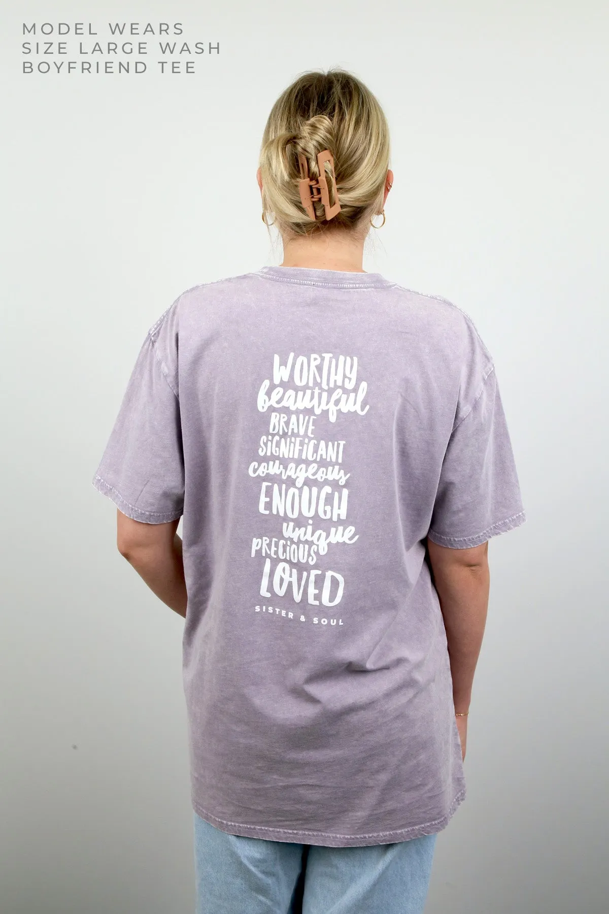 WORTHY BEAUTIFUL BRAVE - Purple Haze Stone Wash Boyfriend Tee - White Print