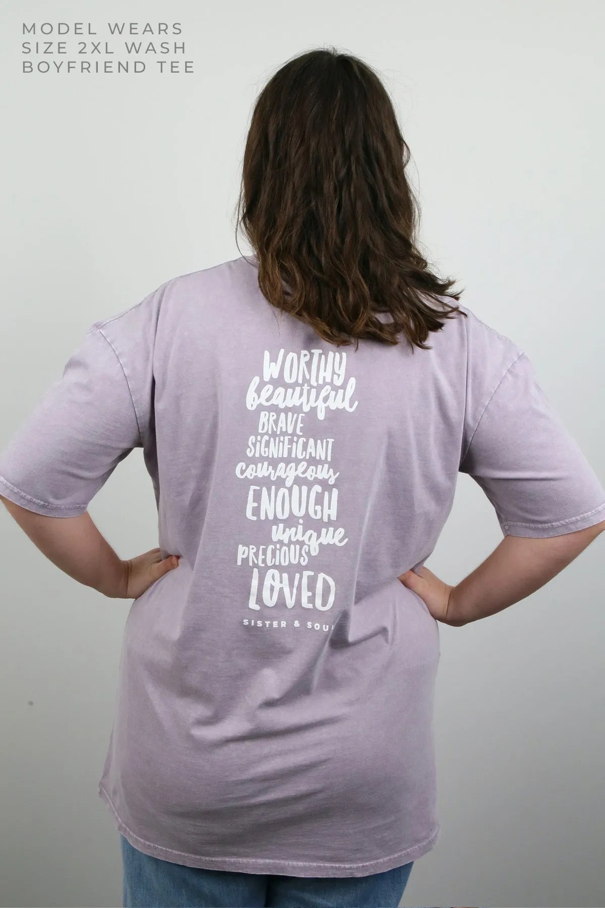 WORTHY BEAUTIFUL BRAVE - Purple Haze Stone Wash Boyfriend Tee - White Print