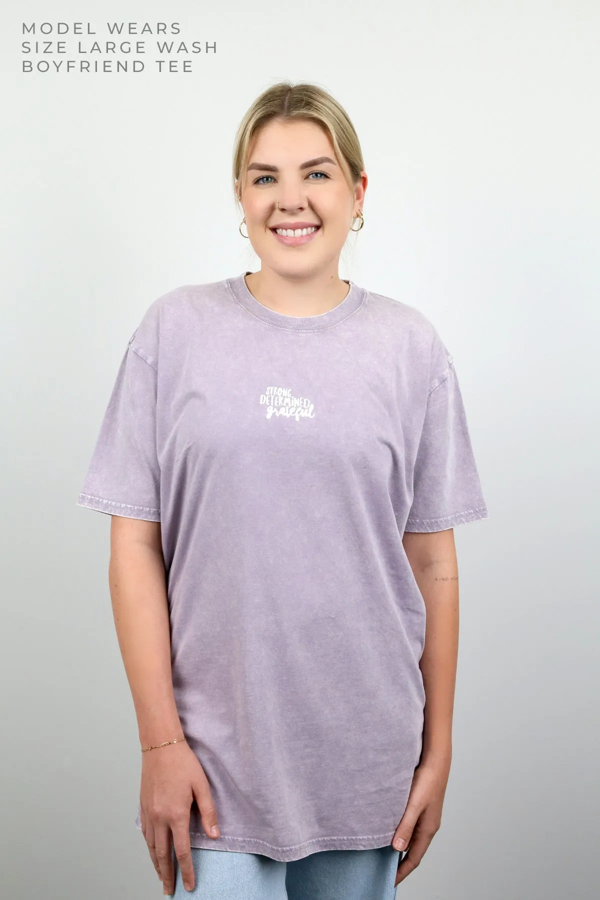 WORTHY BEAUTIFUL BRAVE - Purple Haze Stone Wash Boyfriend Tee - White Print