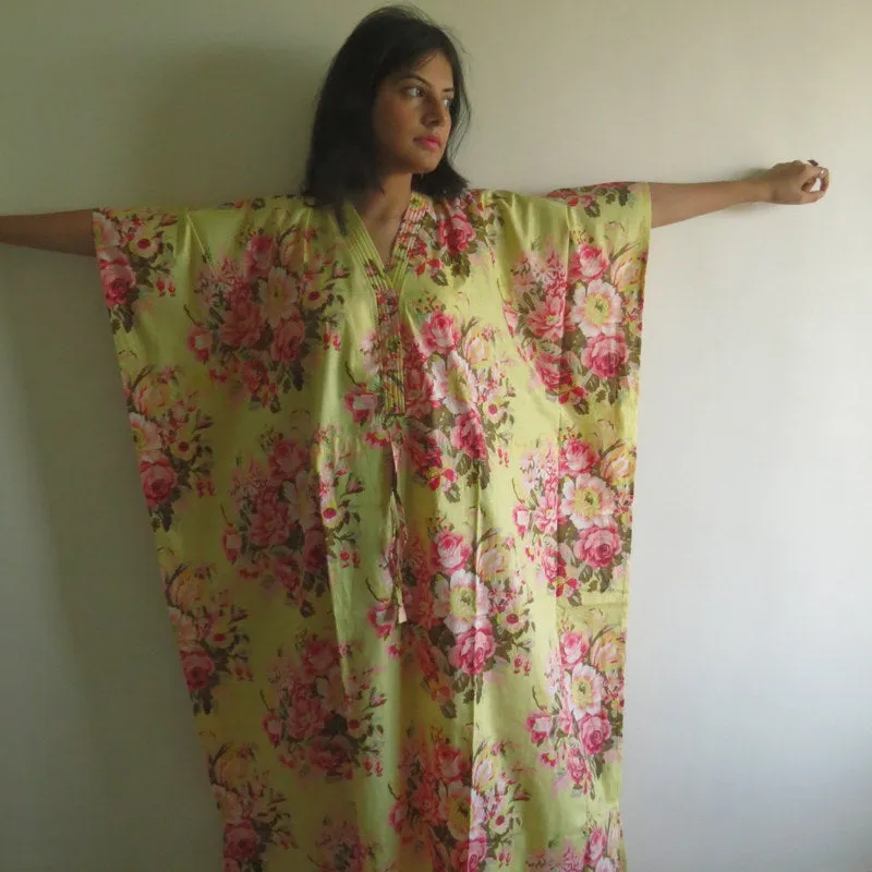 Yellow Floral Rosy Red Posy V-Neck Button Down to Waist, Ankle Length, Cinched Waist Caftan