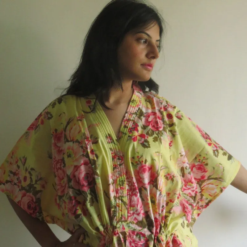 Yellow Floral Rosy Red Posy V-Neck Button Down to Waist, Ankle Length, Cinched Waist Caftan