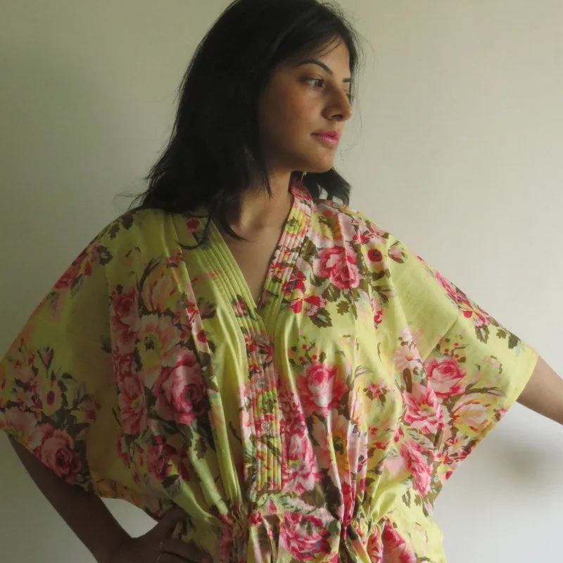 Yellow Floral Rosy Red Posy V-Neck Button Down to Waist, Ankle Length, Cinched Waist Caftan