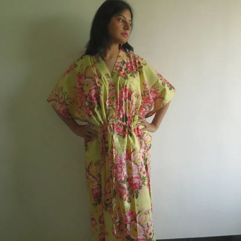 Yellow Floral Rosy Red Posy V-Neck Button Down to Waist, Ankle Length, Cinched Waist Caftan