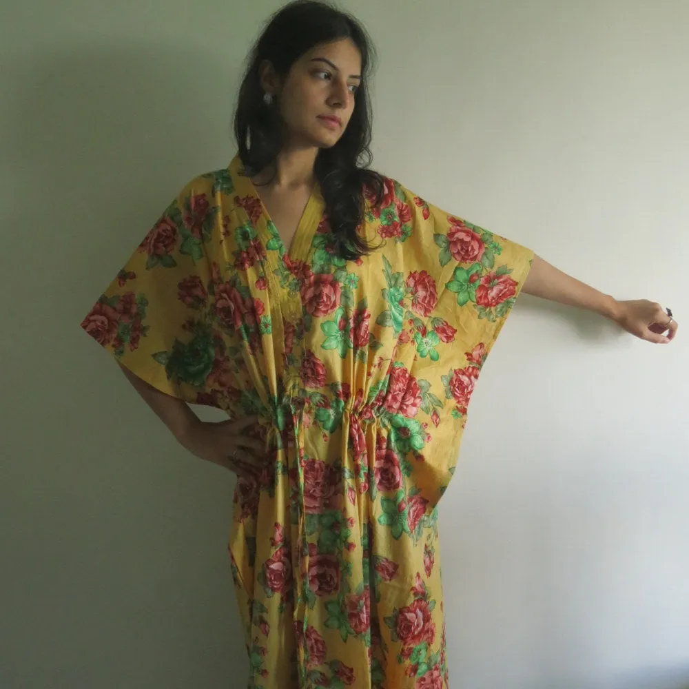 Yellow Red Floral V-Neck Button Down to Waist, Ankle Length, Cinched Waist Caftan