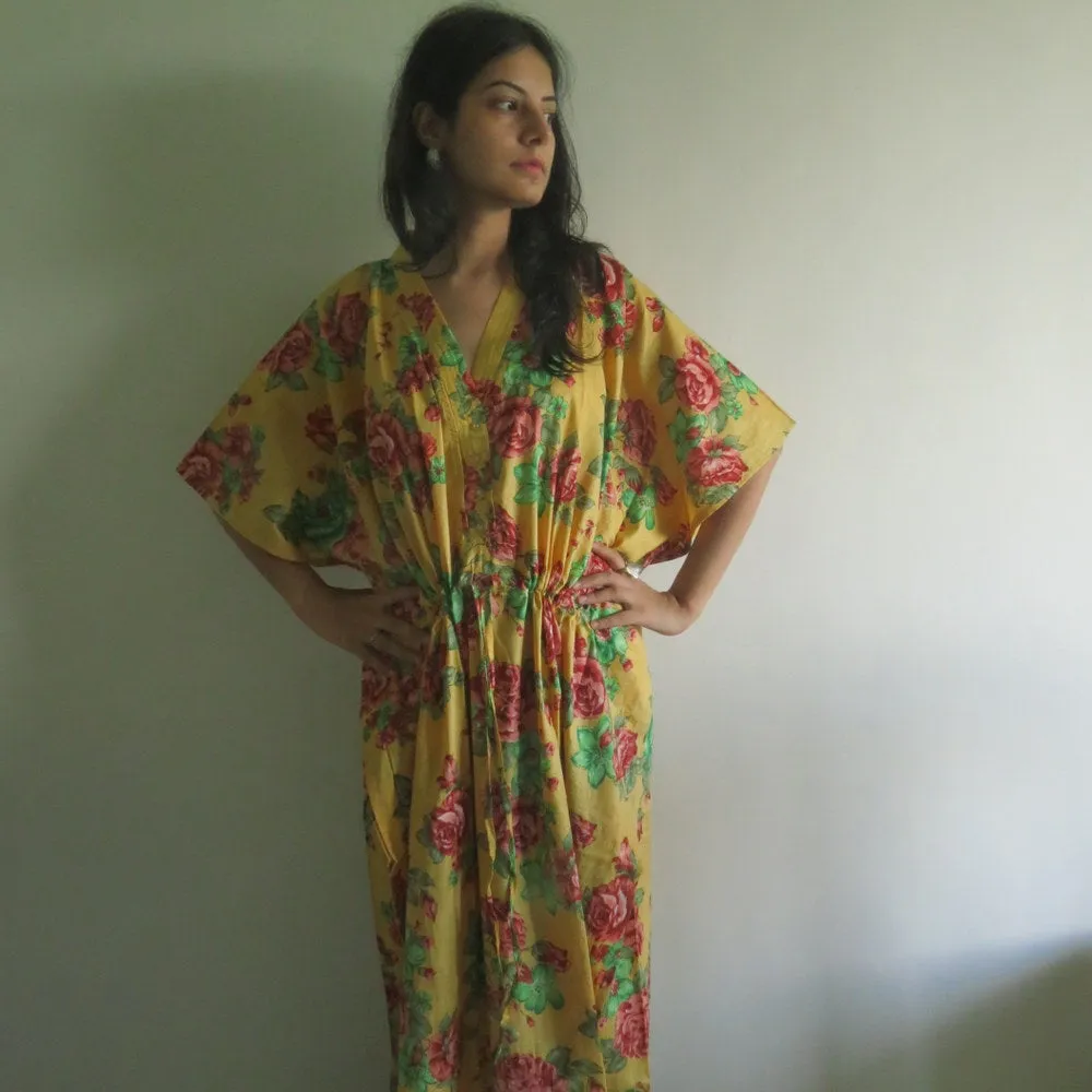 Yellow Red Floral V-Neck Button Down to Waist, Ankle Length, Cinched Waist Caftan