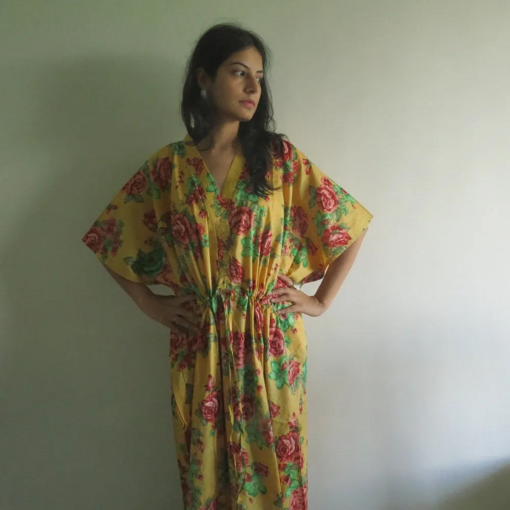 Yellow Red Floral V-Neck Button Down to Waist, Ankle Length, Cinched Waist Caftan