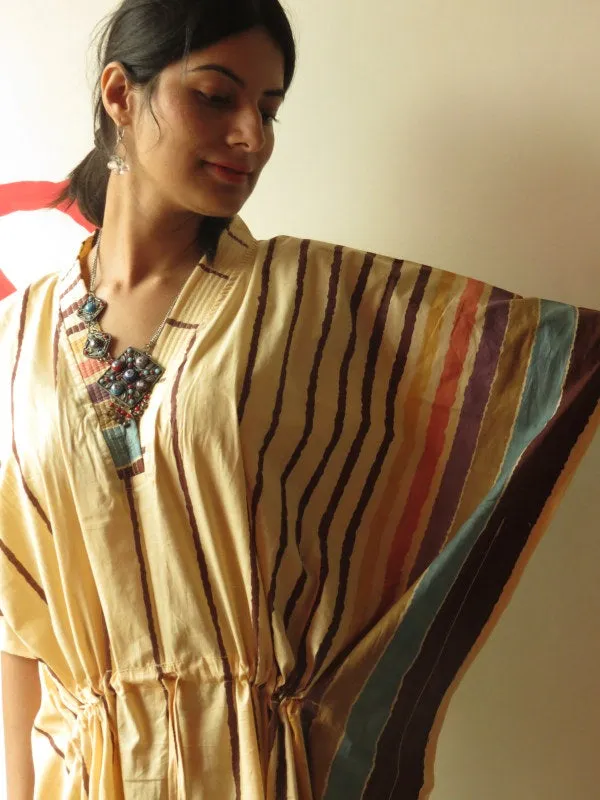 Yellow Striped V-Neck, Ankle Length, Cinched Waist Caftan