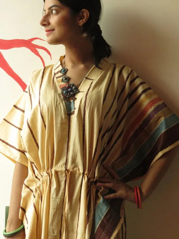 Yellow Striped V-Neck, Ankle Length, Cinched Waist Caftan