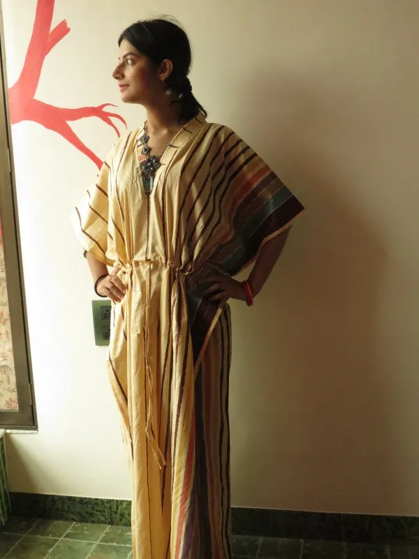 Yellow Striped V-Neck, Ankle Length, Cinched Waist Caftan